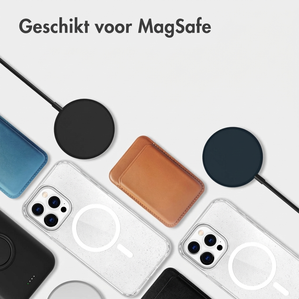 Meerdere MagSafe-compatibele iPhone-hoesjes en opladers op witte achtergrond.