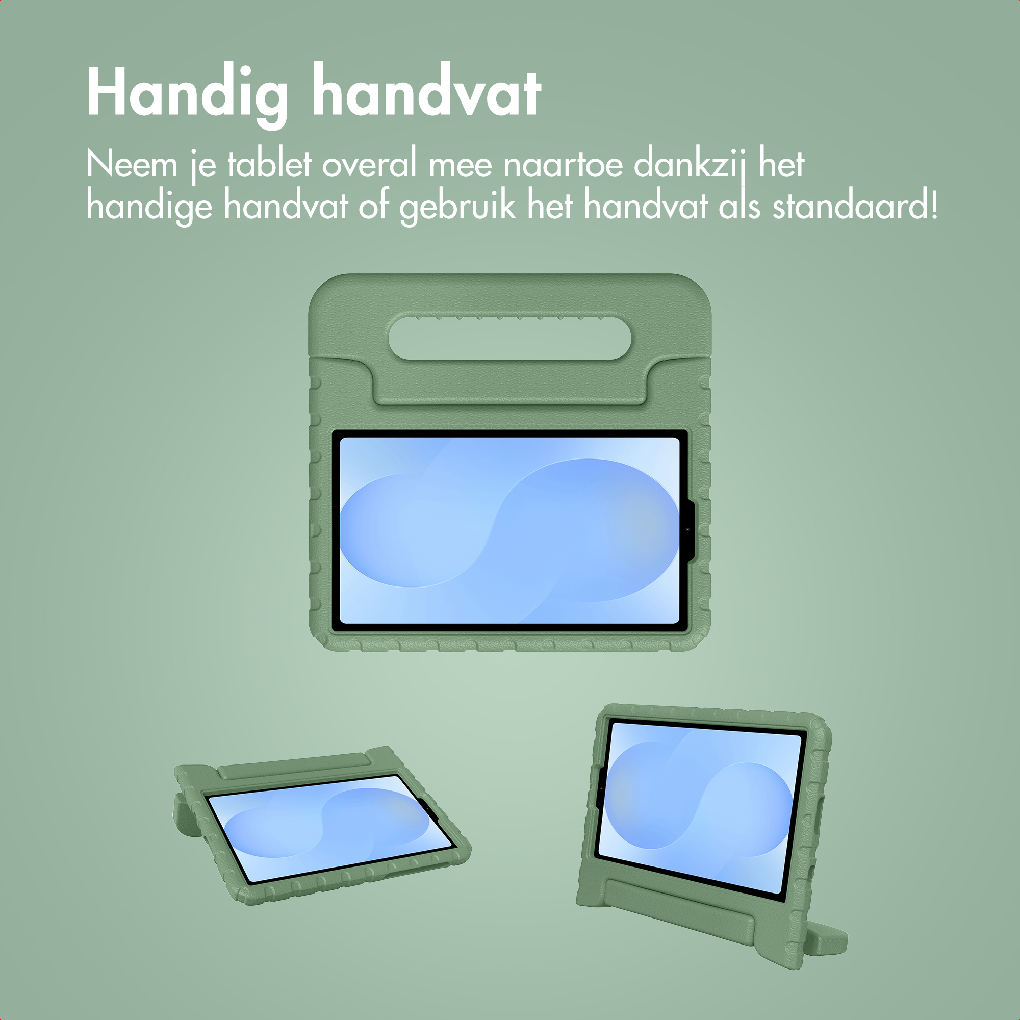 Groene tablethoes met handvat en standaardfunctie.