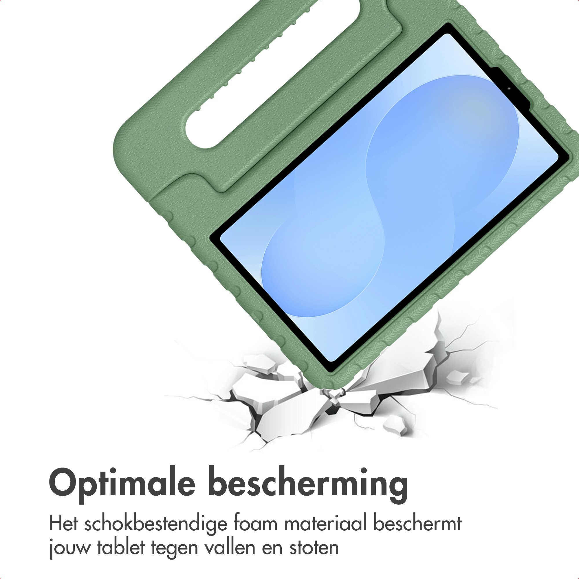 Groene tablethoes met handvat valt tegen gebarsten ondergrond.