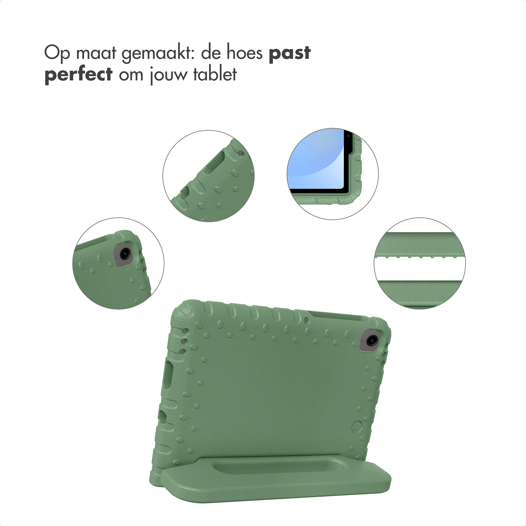 Groene tablethoes met noppenstructuur, rechtopstaand met standaard.