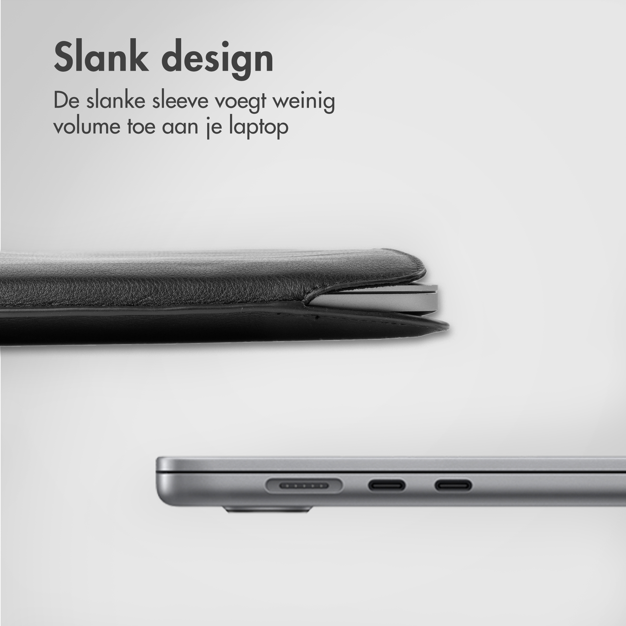 A slim black sleeve with a laptop inside, next to a laptop showing ports.