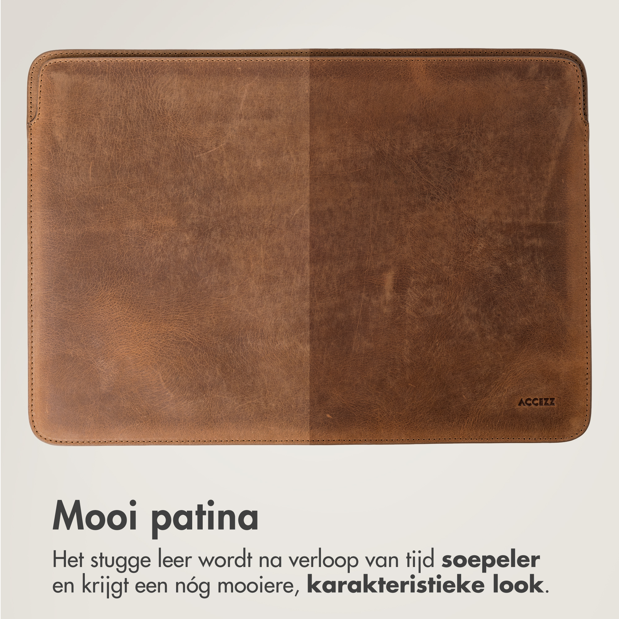 A brown leather case with stitching and ACCEZZ logo.