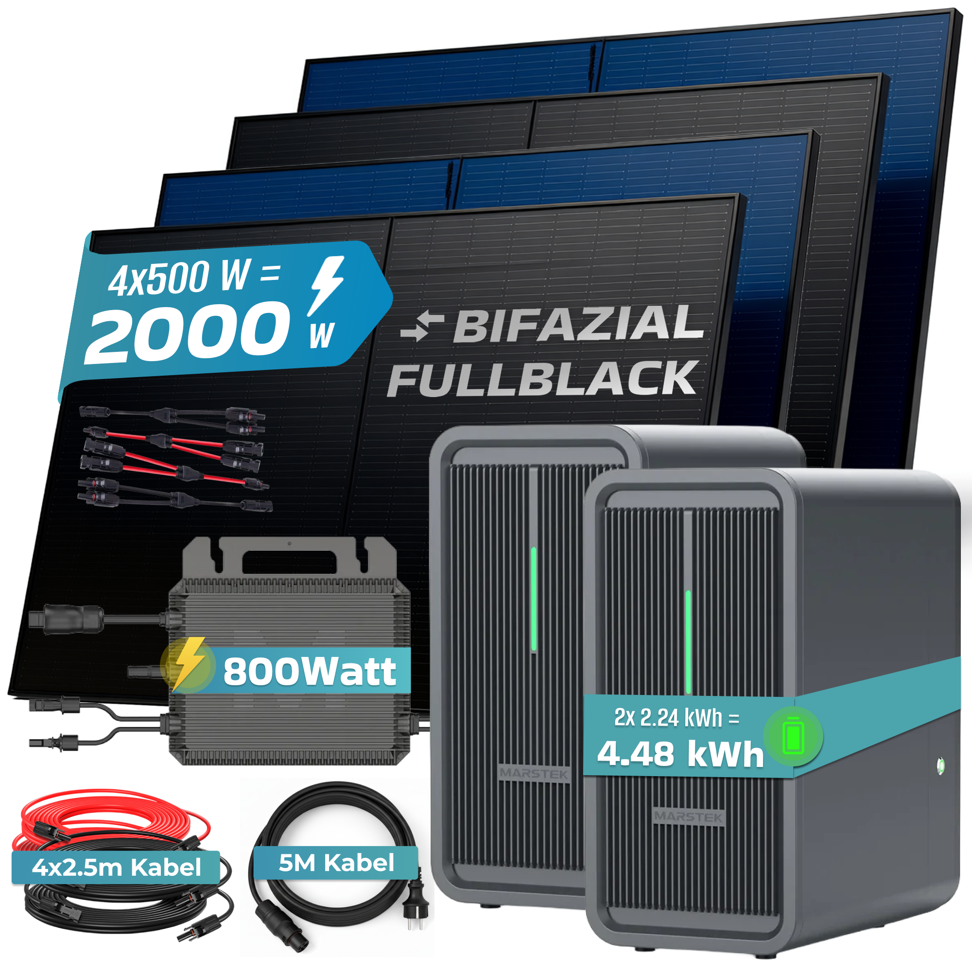 Solaranlage mit Wechselrichter, zwei Energiespeichern und Kabeln.