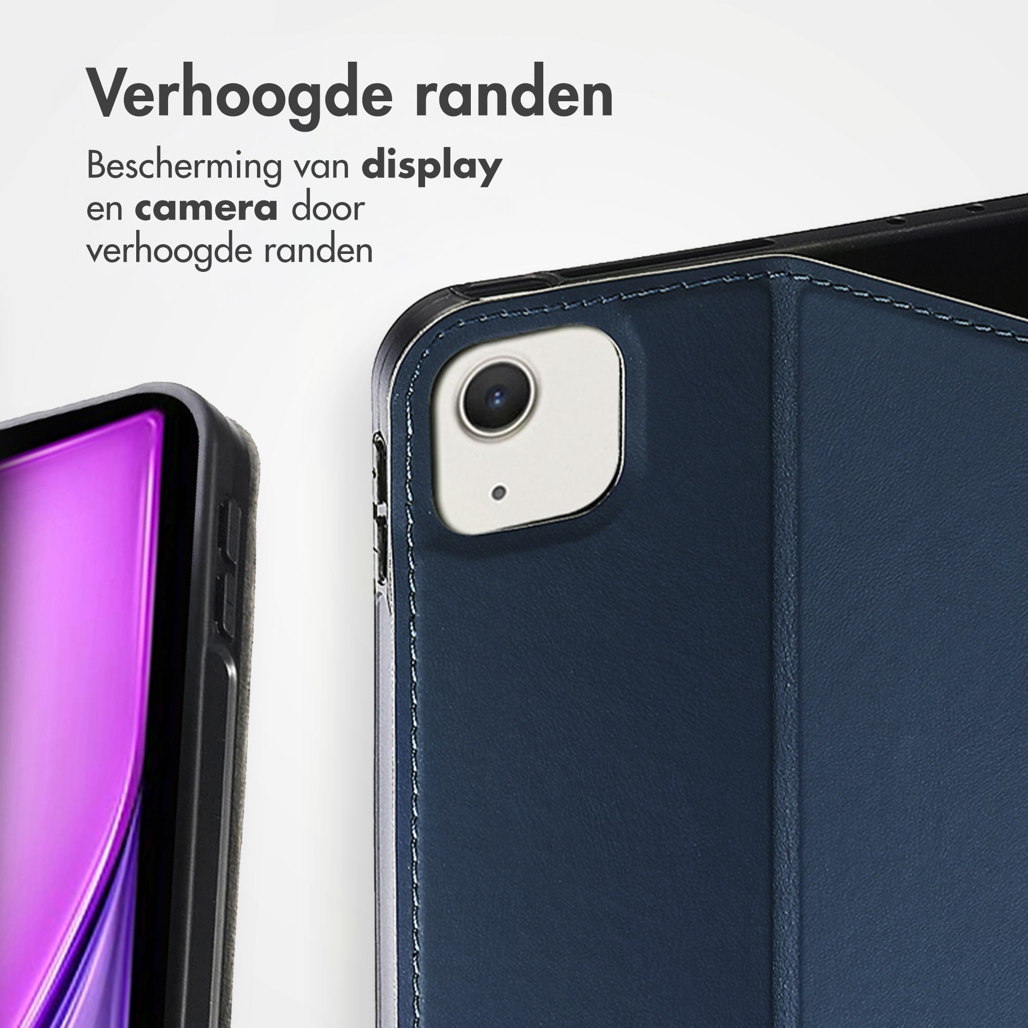 Een blauw tablet met verhoogde randen beschermt display en camera.