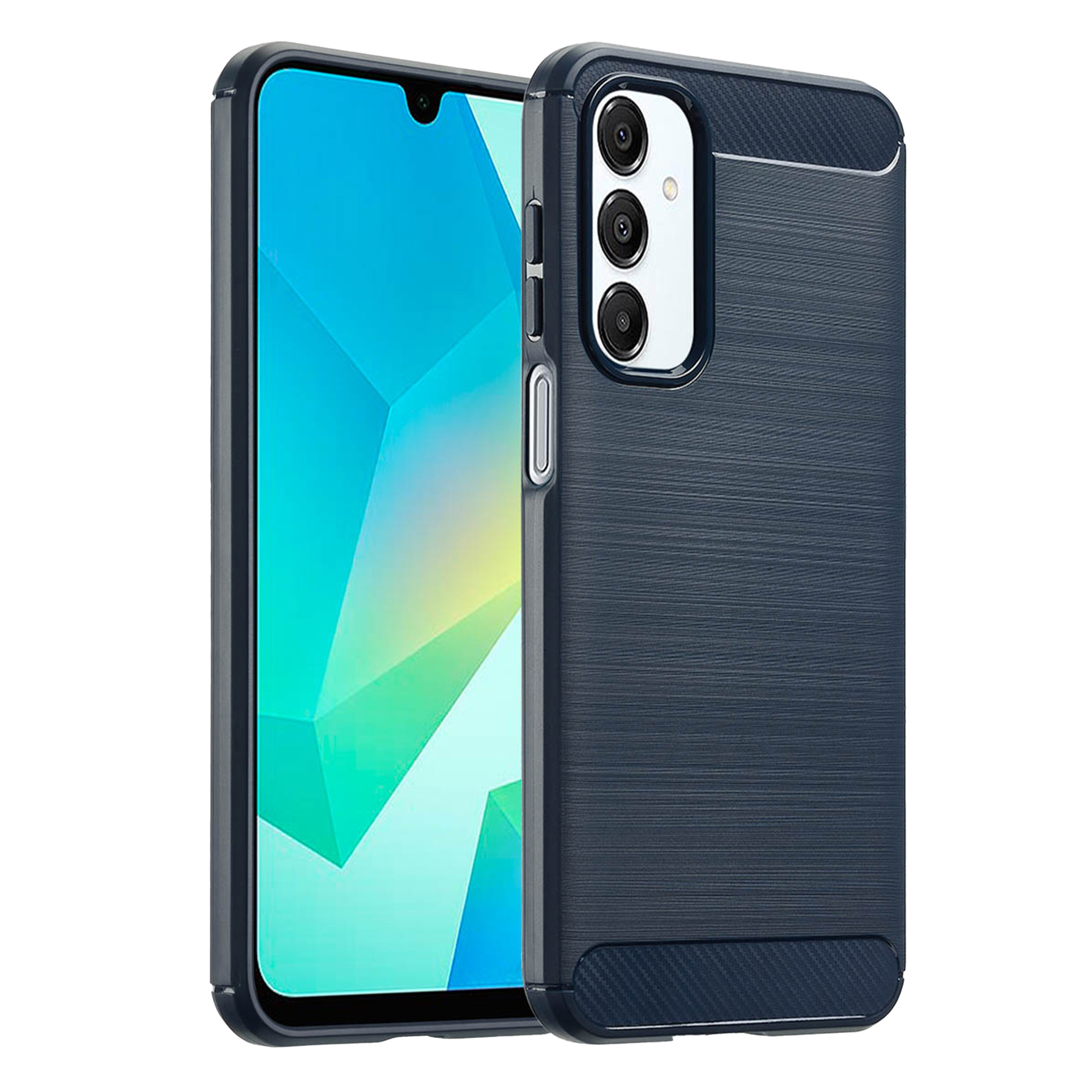 Téléphone bleu foncé avec triple caméra et coque texturée.