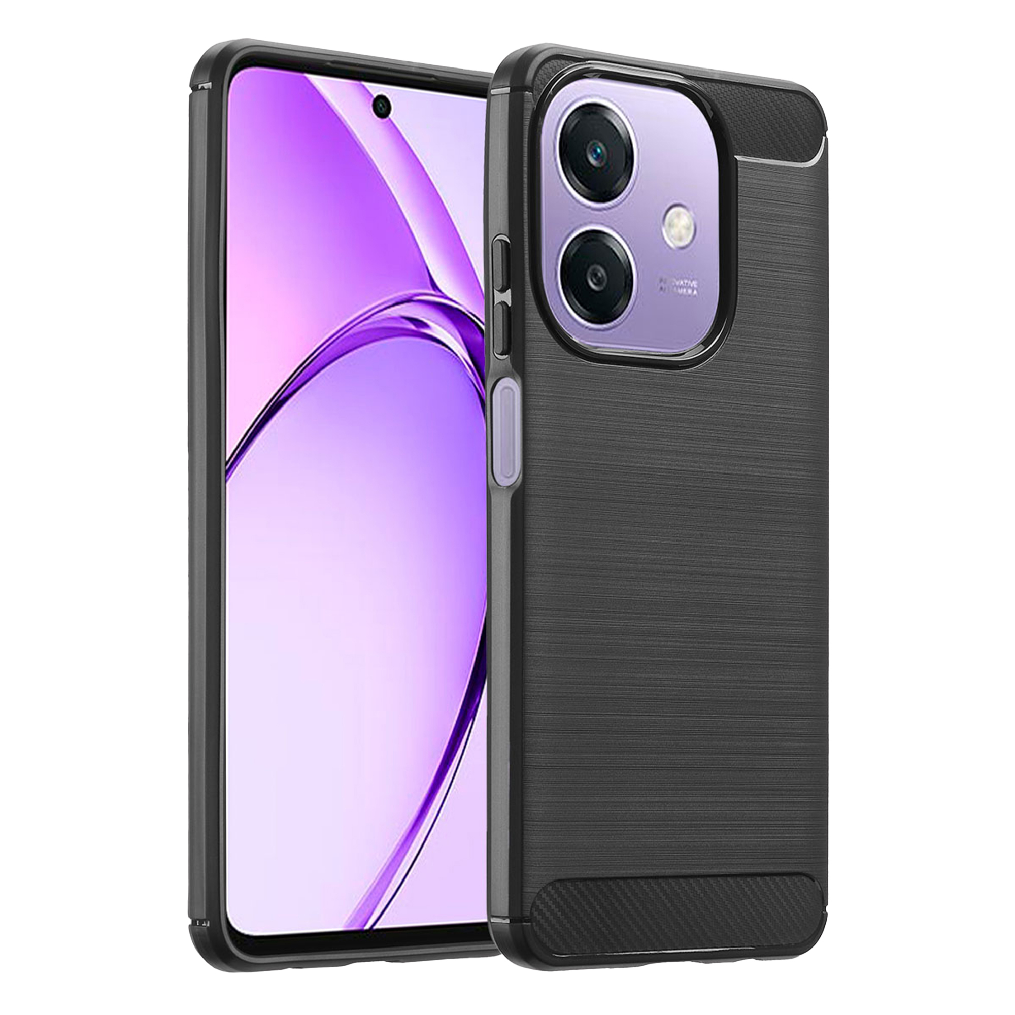 Een zwarte smartphone met paars scherm en dubbele camera.