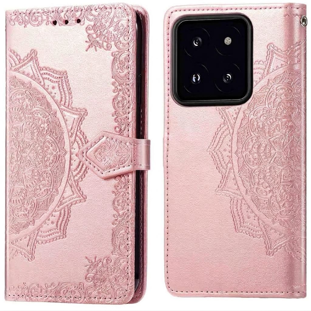 Een roze telefoonhoesje met mandalapatroon, open en gesloten getoond.