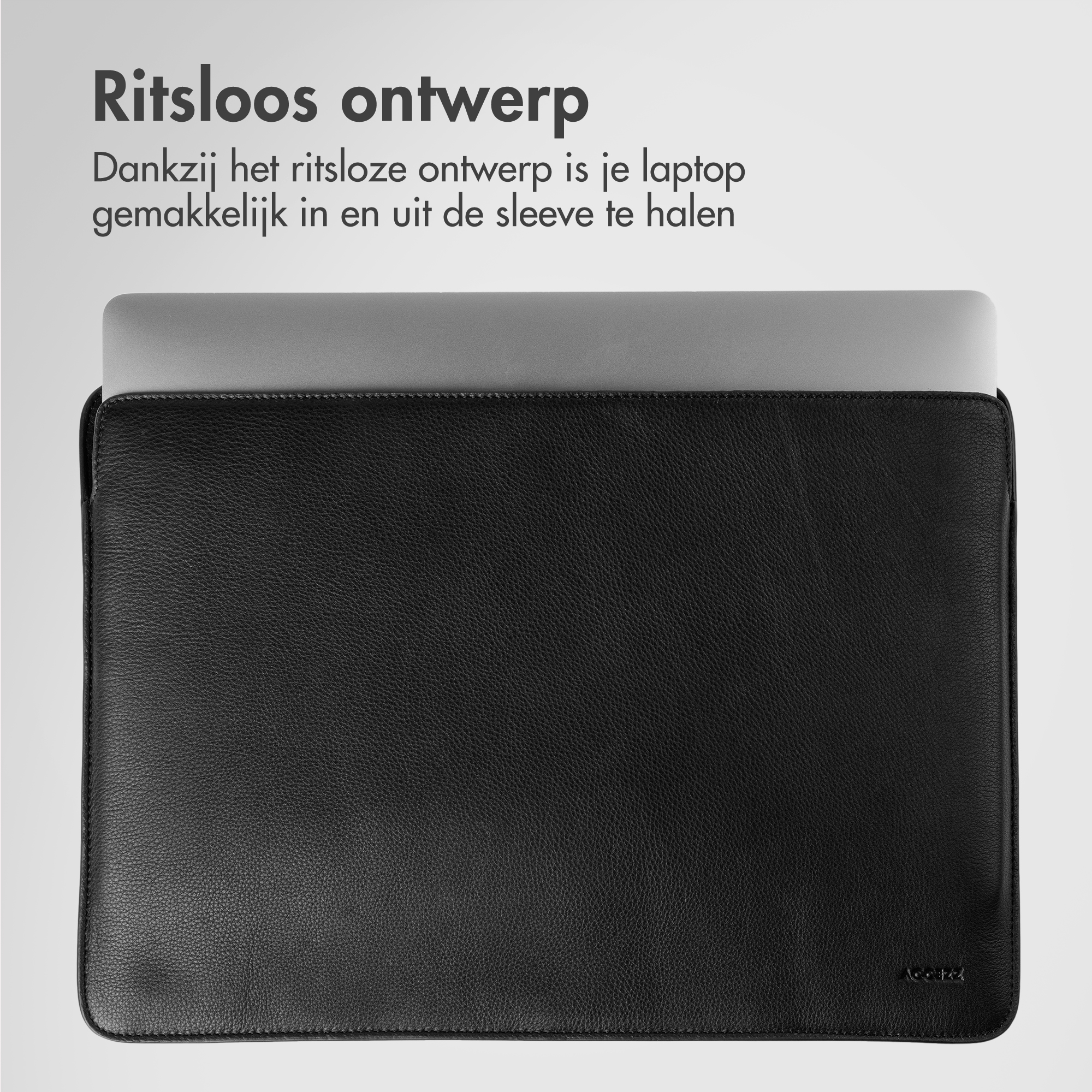 Black leather laptop sleeve with a grey laptop top partially inserted.