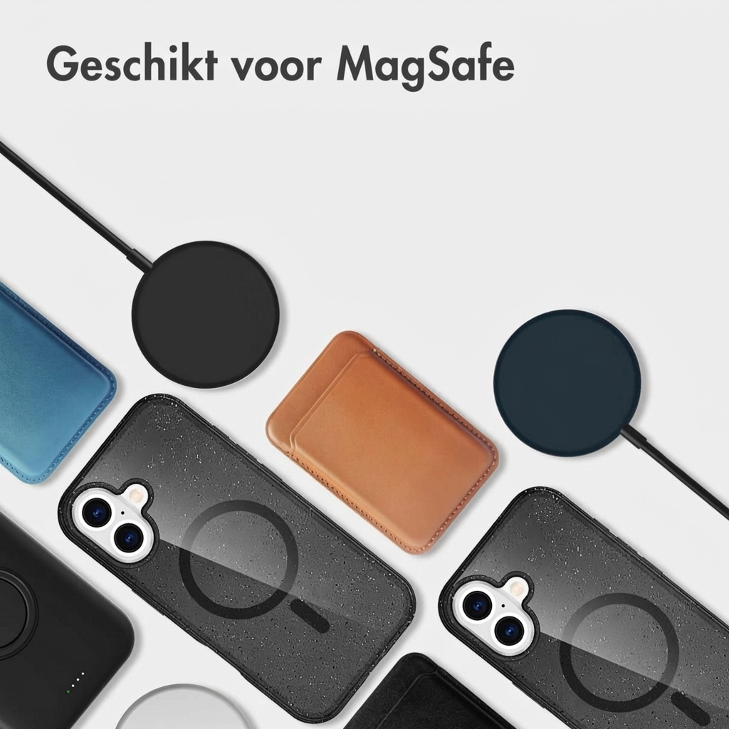 Zwarte MagSafe opladers en bruine en blauwe telefoonhoesjes.