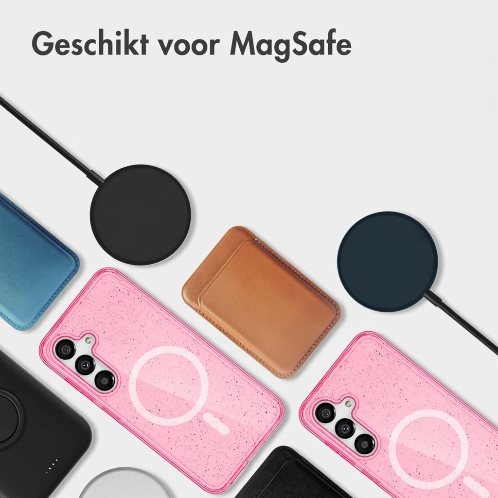 Diverse custodie e caricabatterie per telefono compatibili MagSafe su sfondo bianco.