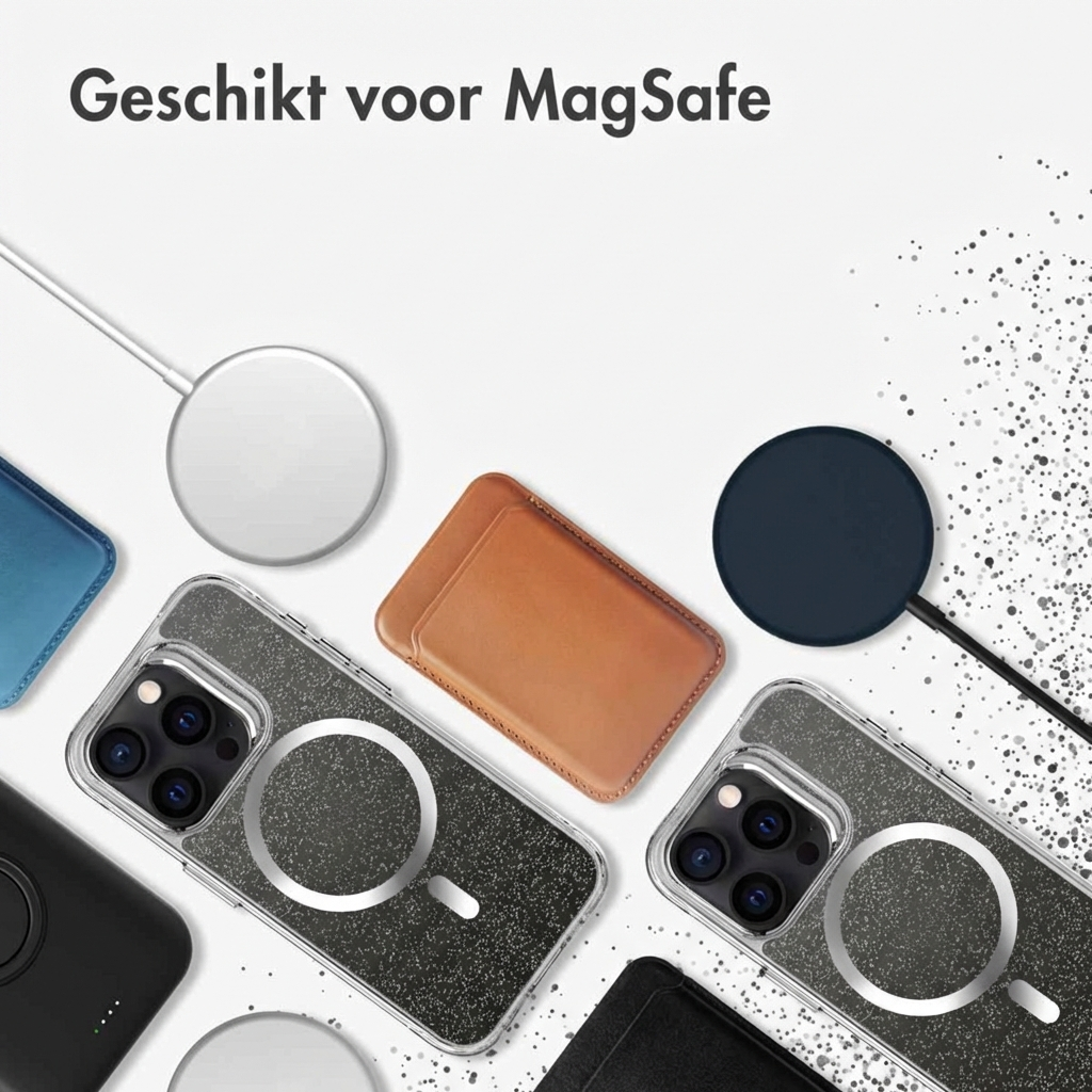 Plusieurs étuis d'iPhone avec chargeurs MagSafe et porte-cartes en cuir.