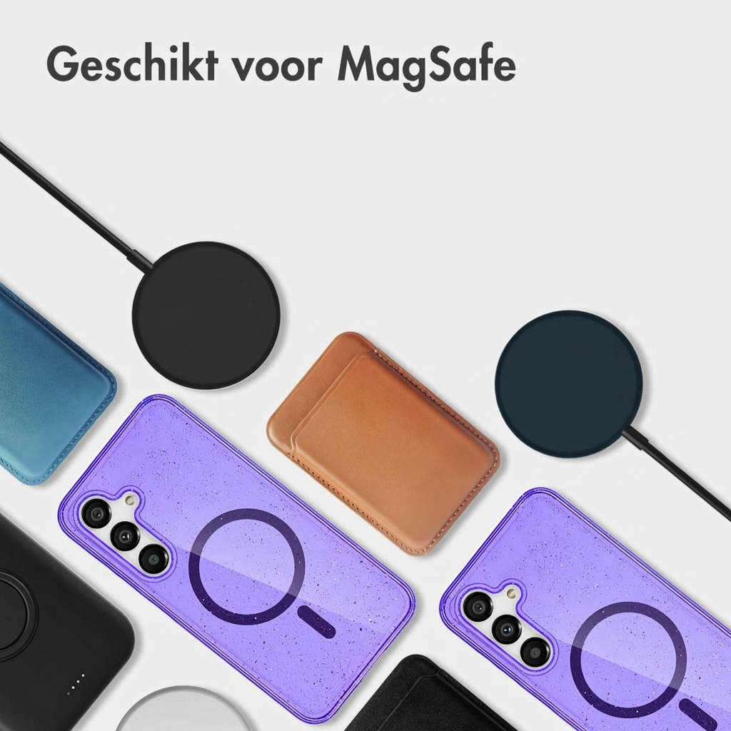Meerdere telefoonhoesjes en MagSafe-laders op witte achtergrond.