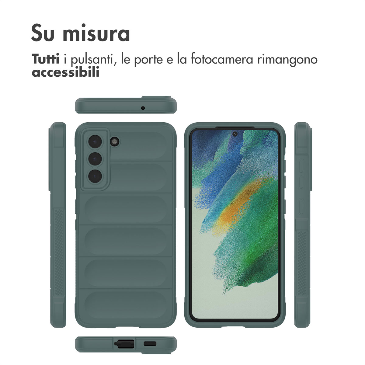Trois vues d'une coque de téléphone verte avec découpes pour appareil photo et ports.