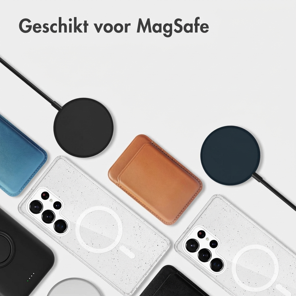 MagSafe-compatibele telefoonhoesjes en opladers op witte achtergrond.