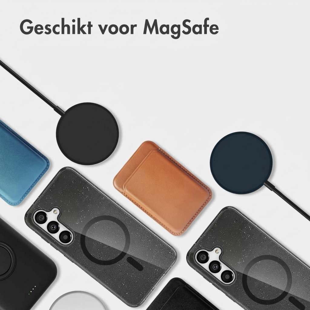 Diverse custodie e caricabatterie compatibili MagSafe, inclusa una porta carte in pelle marrone.
