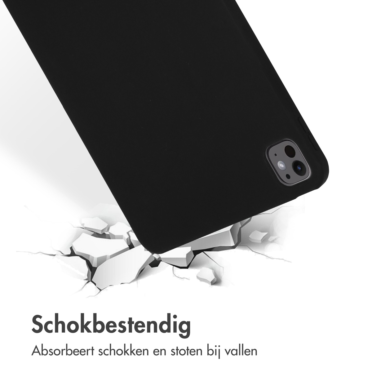 Black case falling onto shattered ground, shockproof.