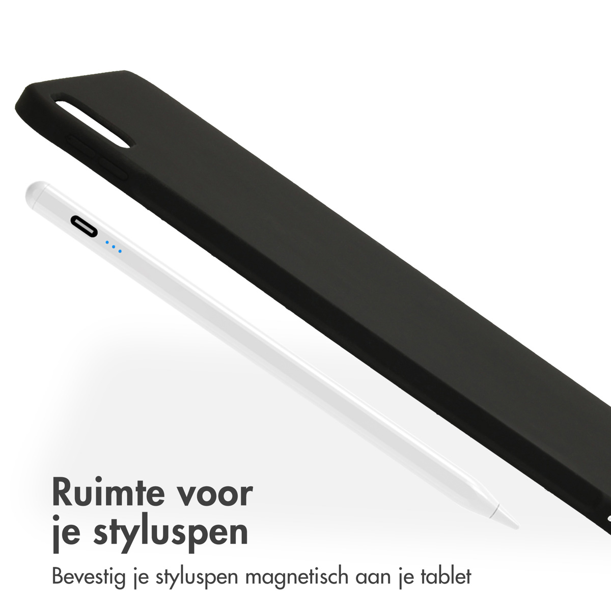 A white stylus lies next to a black tablet case.