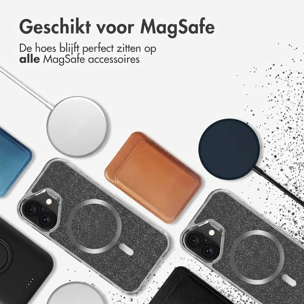Meerdere iPhone-hoesjes met MagSafe-laders en een leren kaarthouder.