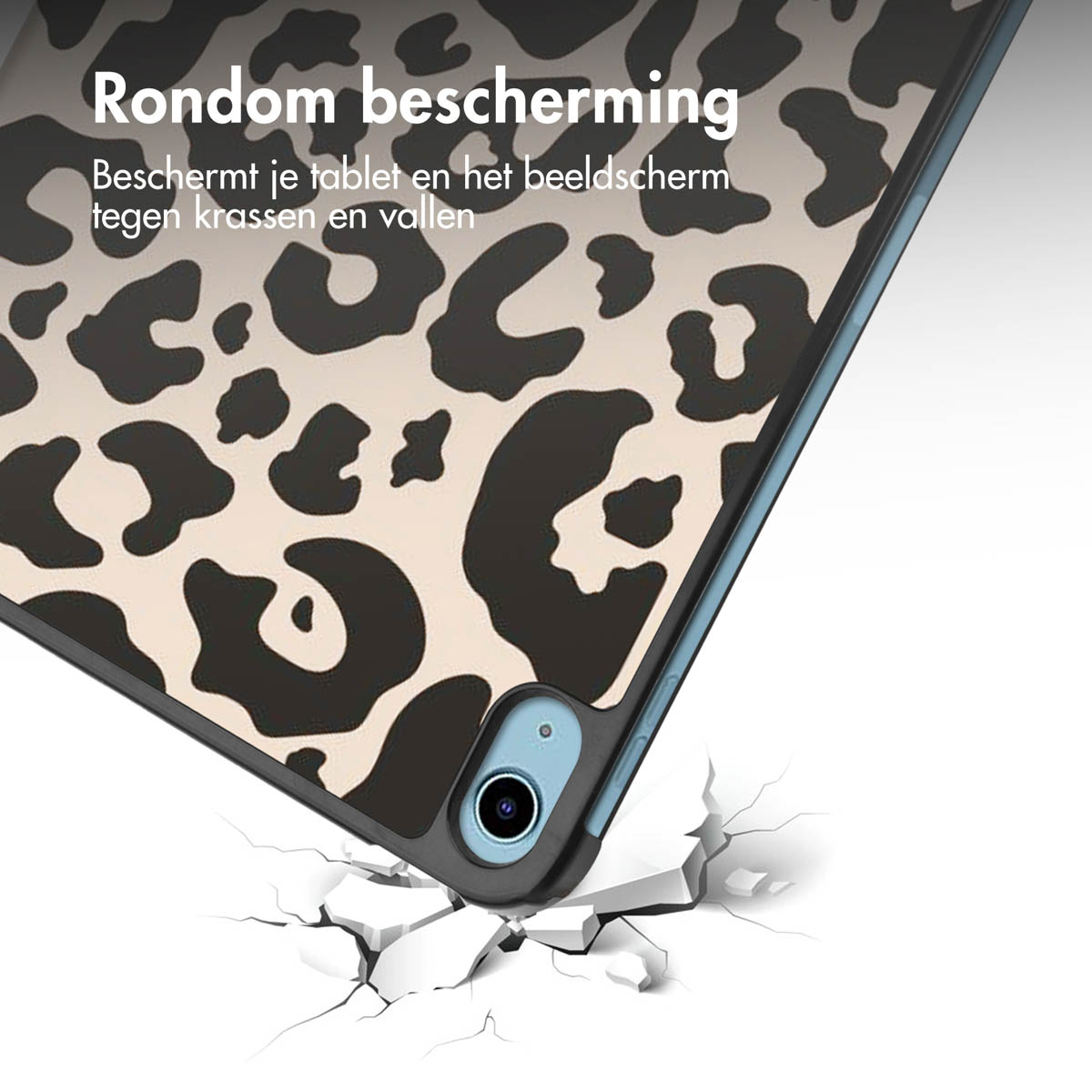 A tablet case with a leopard print falls onto white shards.