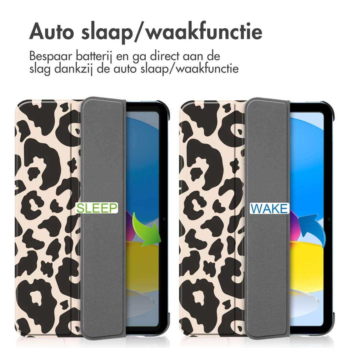 A tablet in a leopard print case showing auto sleep and wake function.