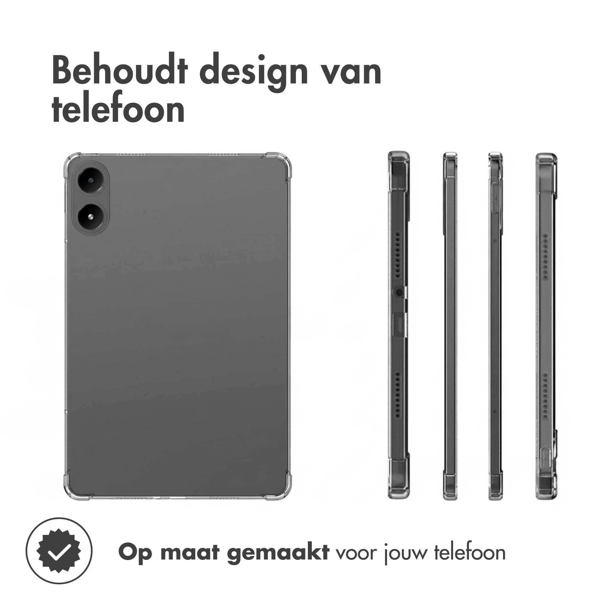 Gray phone with clear case, side views shown.