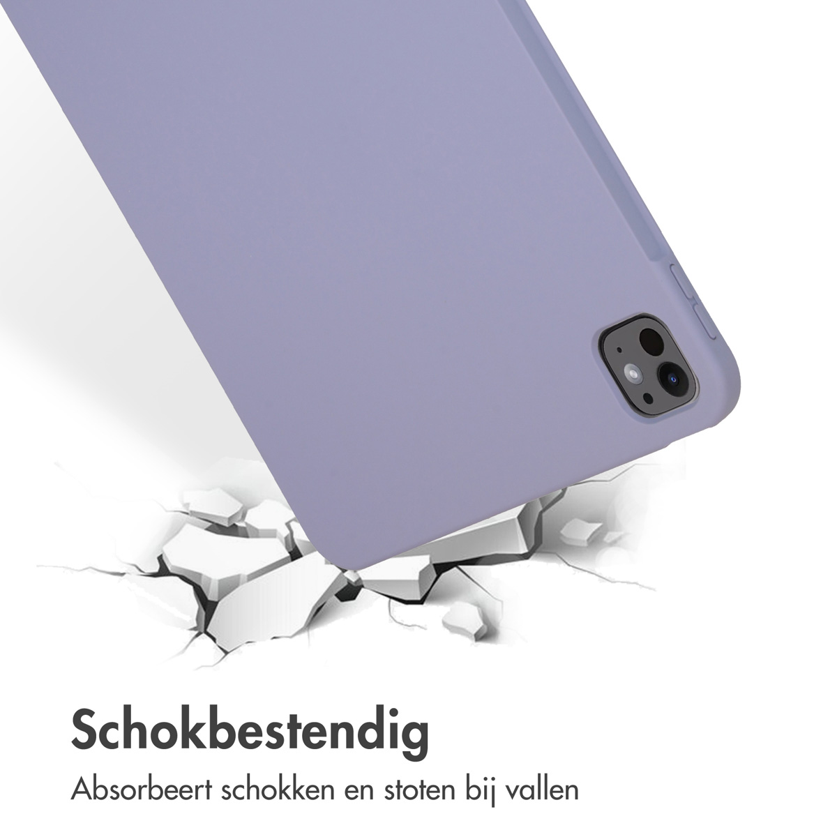 A purple phone case is shown falling onto a cracked surface.