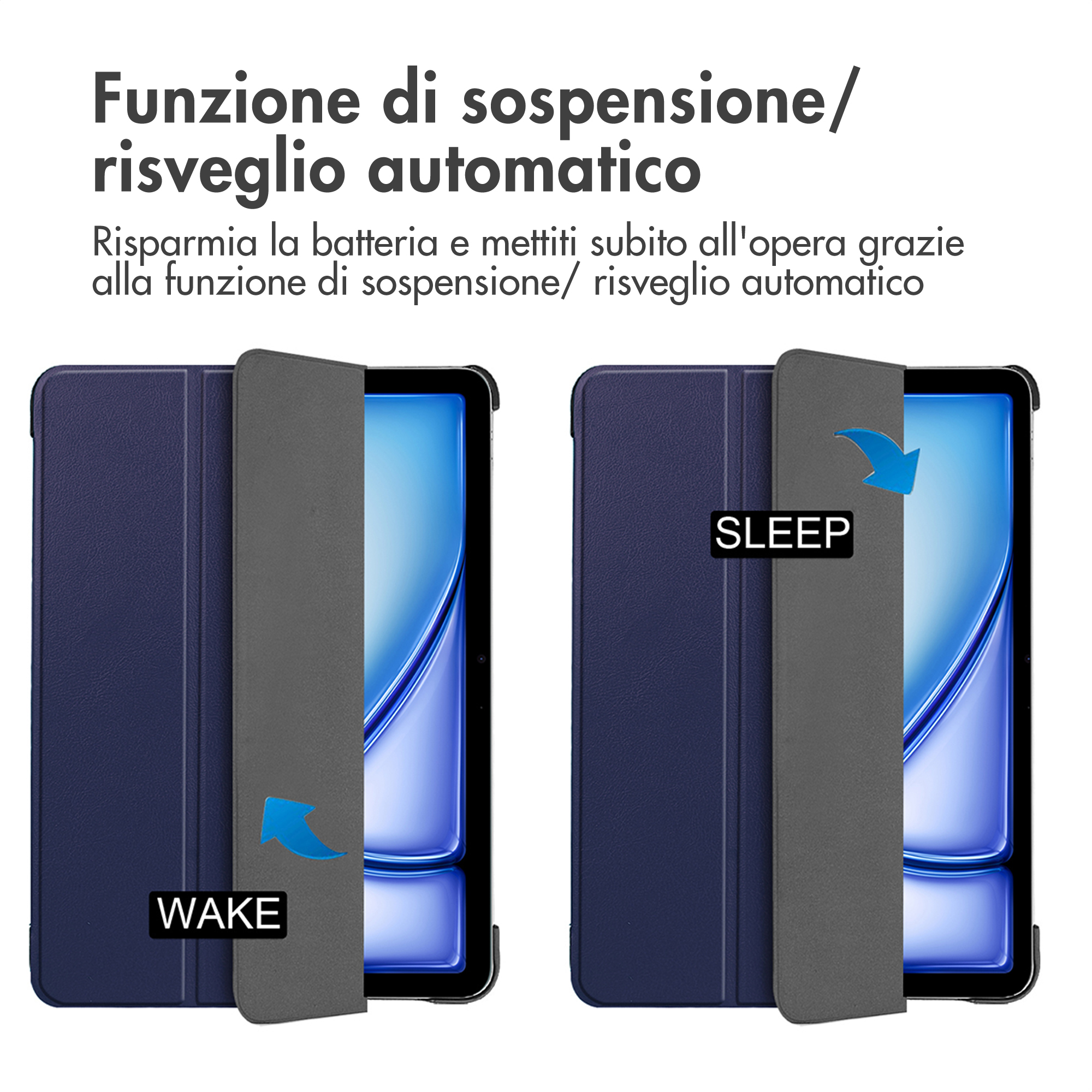 Two tablets with covers, one shows "WAKE", other shows "SLEEP".