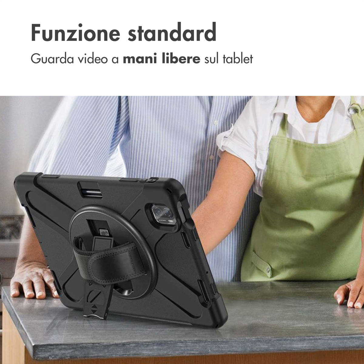 Tablette noire avec support et poignée en mode paysage, sur un comptoir.