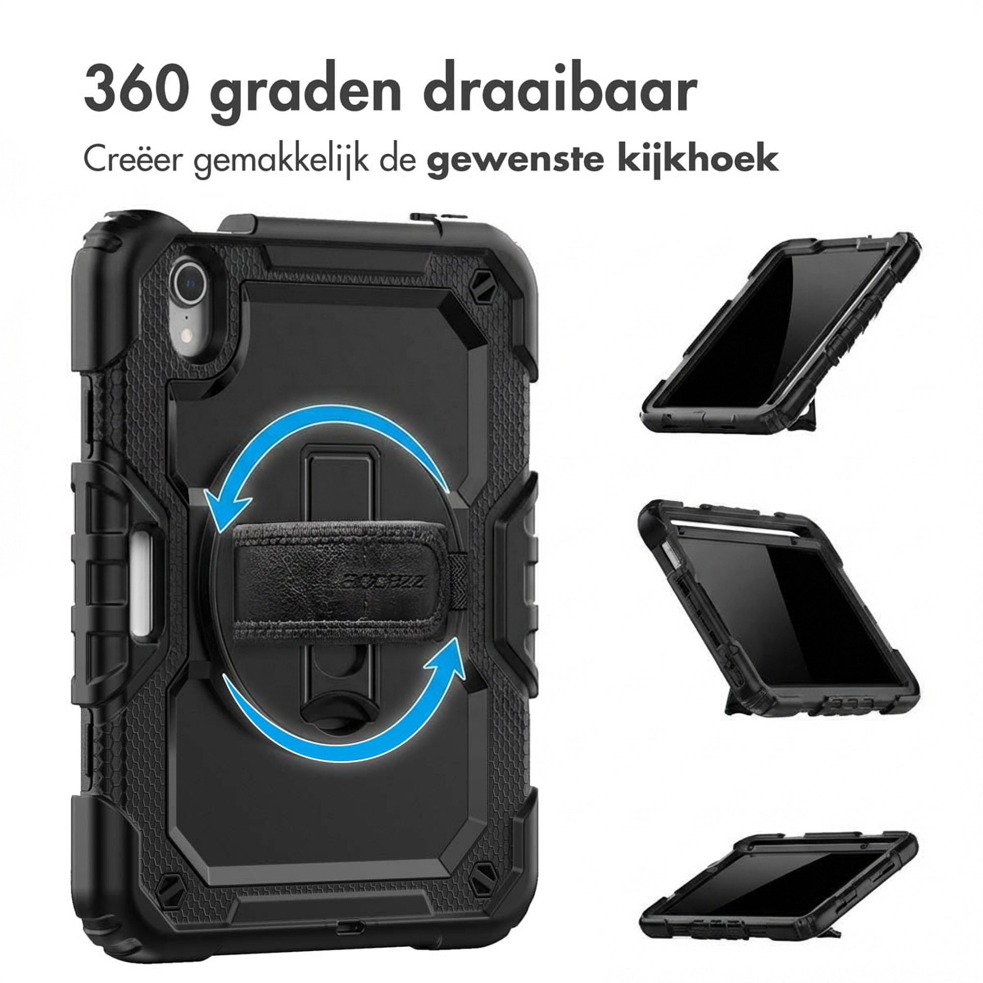 Black tablet case with 360-degree rotation and stand. Shows product at various angles.