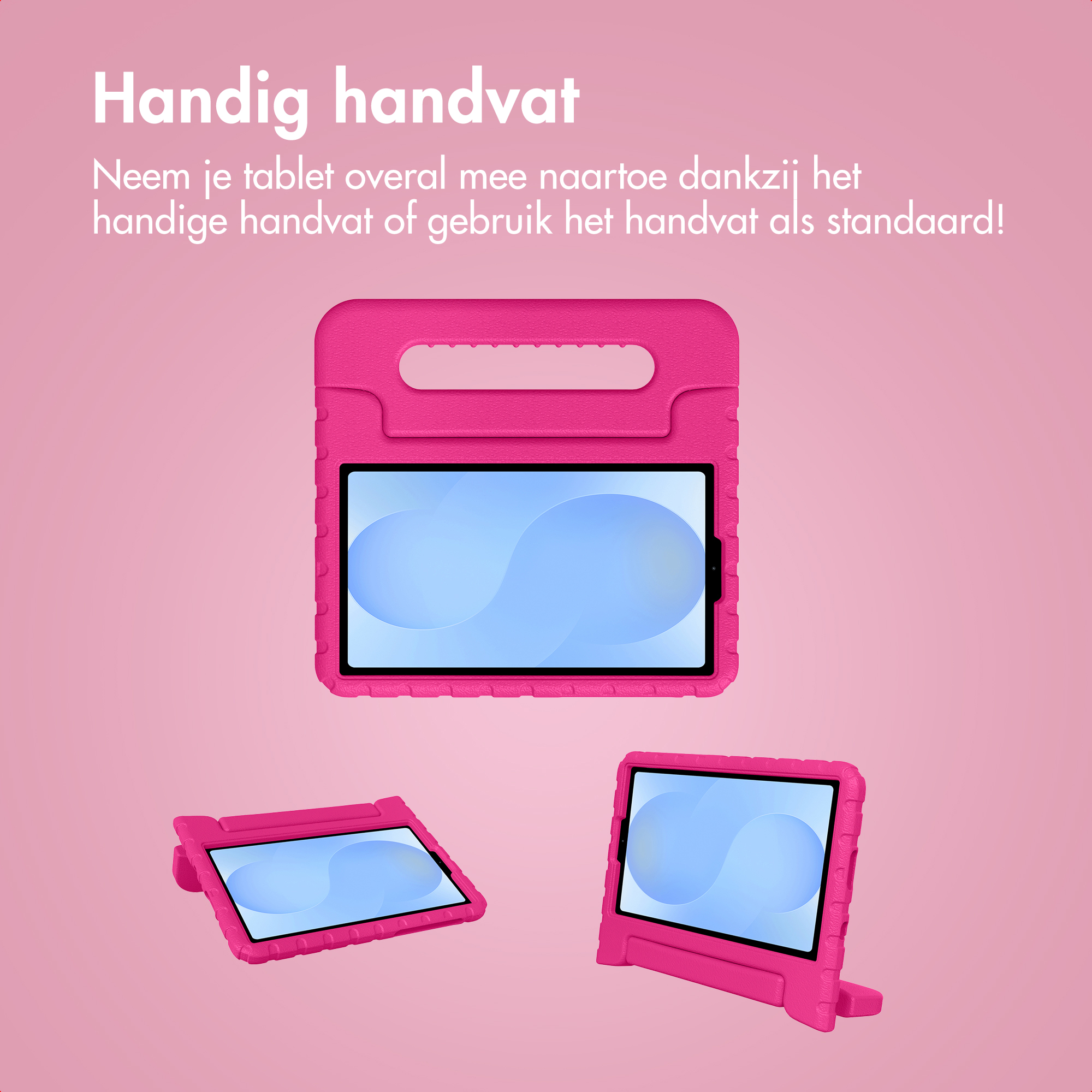 Trois étuis roses pour tablette avec poignées et supports.
