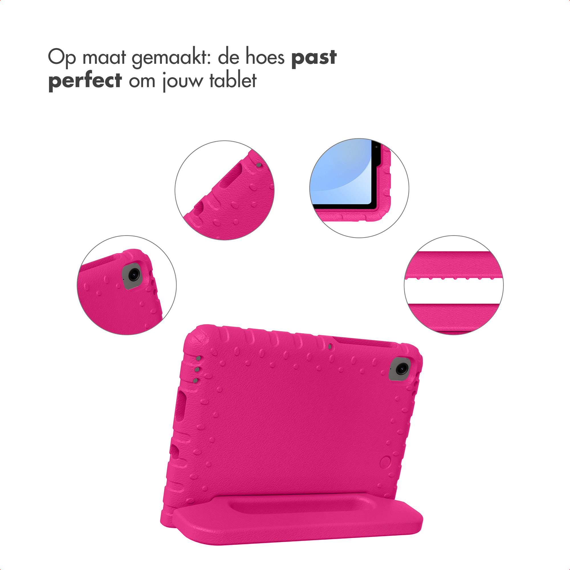 Un étui rose pour tablette avec texture à pois, doté de découpes pour boutons et appareil photo.