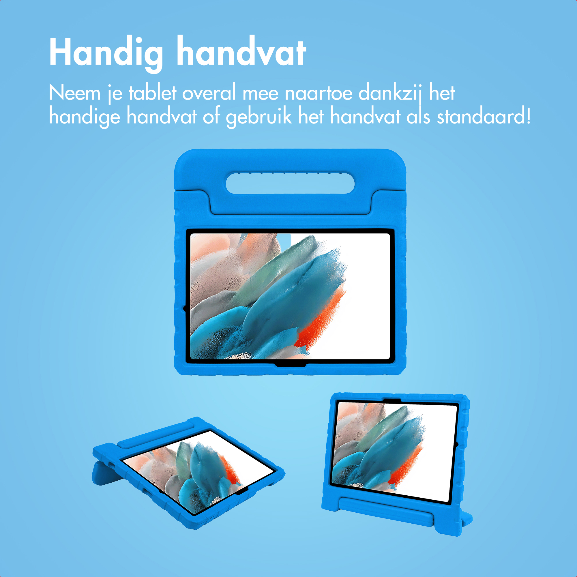 Blue tablet case with handle and stand. Shows three views.