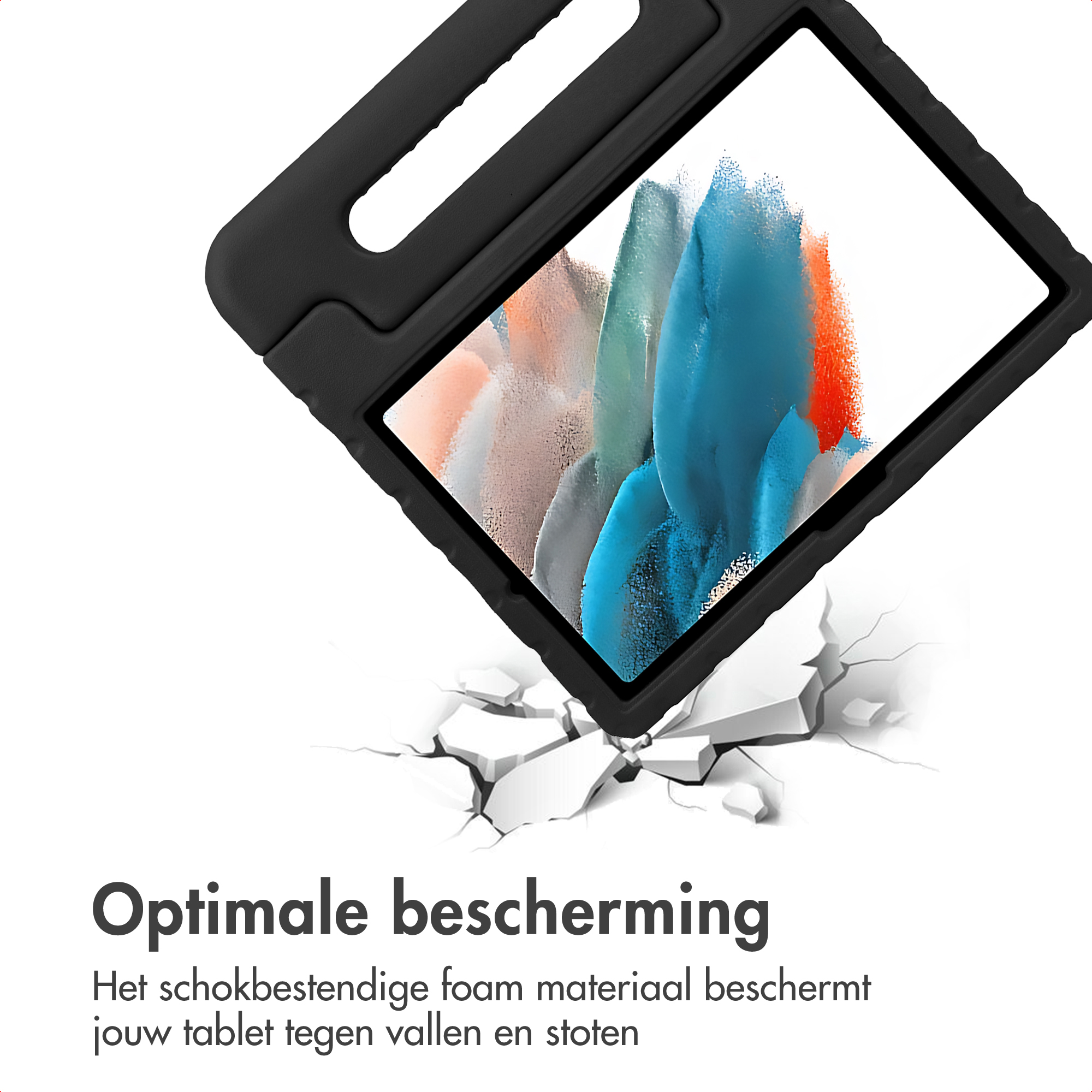 Black tablet case with handle and screen, extending over broken white surface.