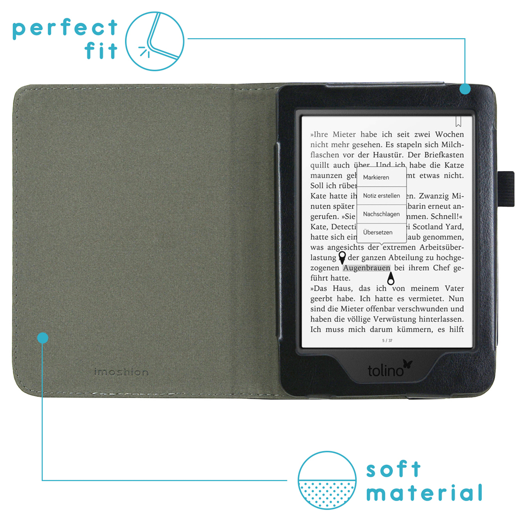 Een e-reader in een groene beschermhoes. Het scherm toont Duitse tekst.