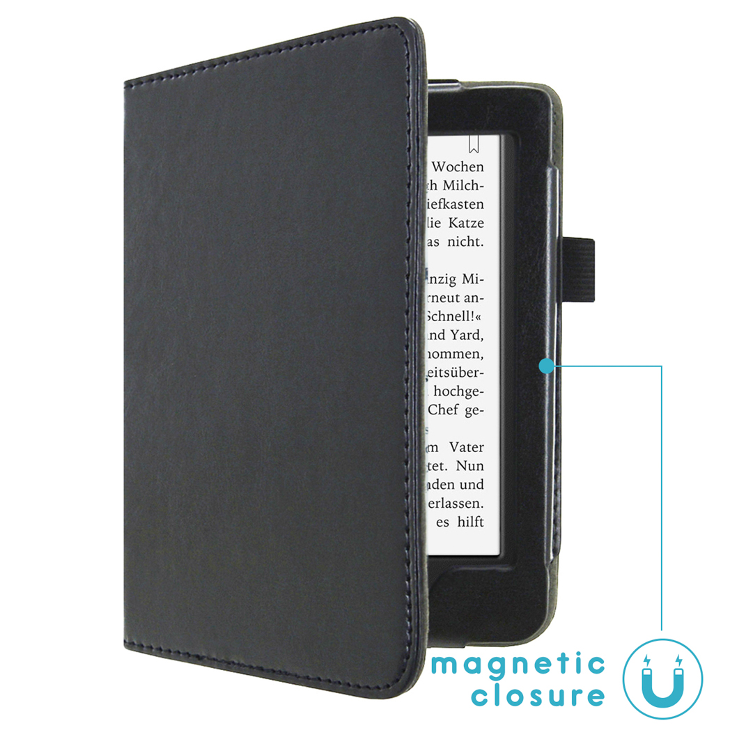 Een zwarte e-reader in een hoes met magneetsluiting, geopend op een boekpagina.