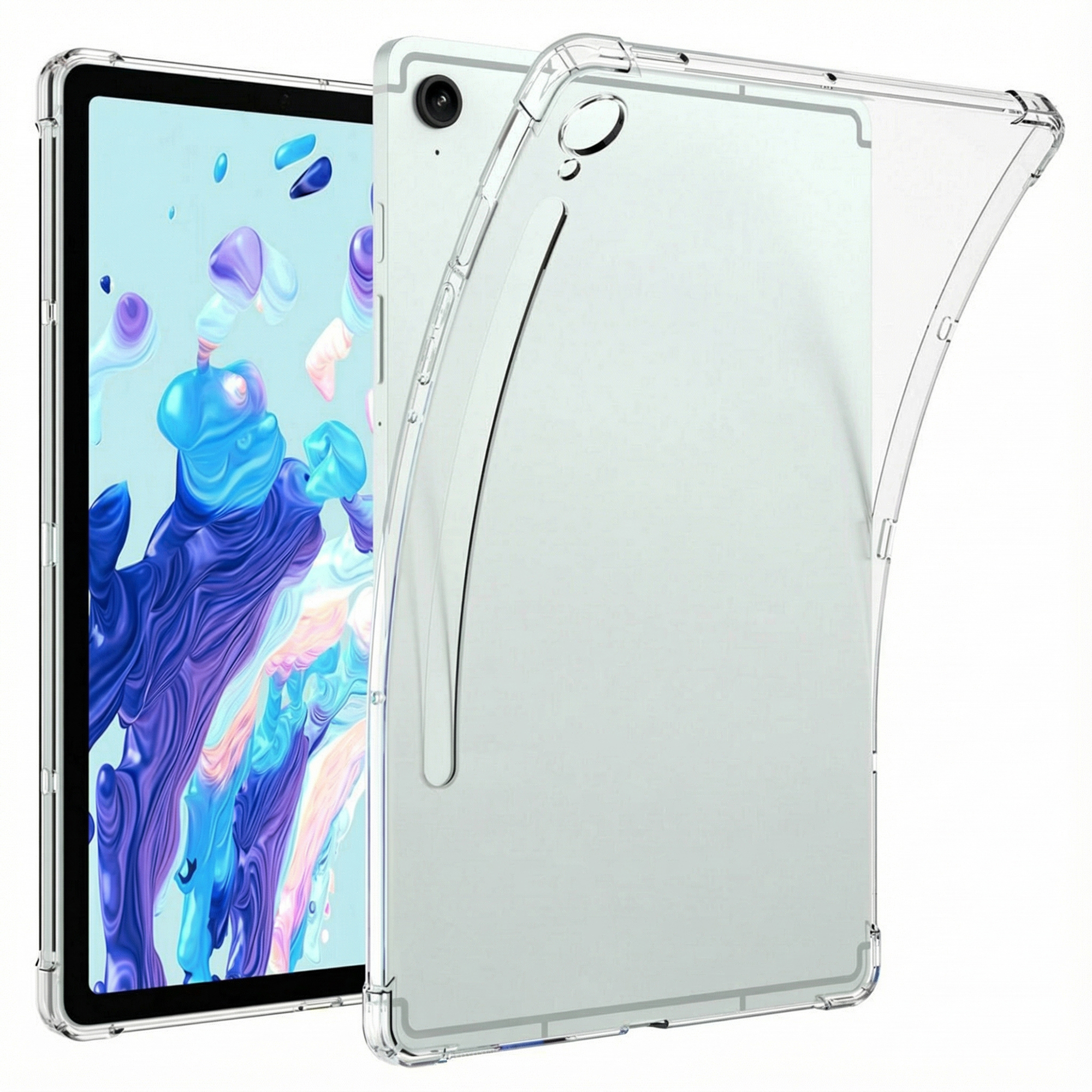 Une coque de tablette transparente est présentée sur fond blanc.