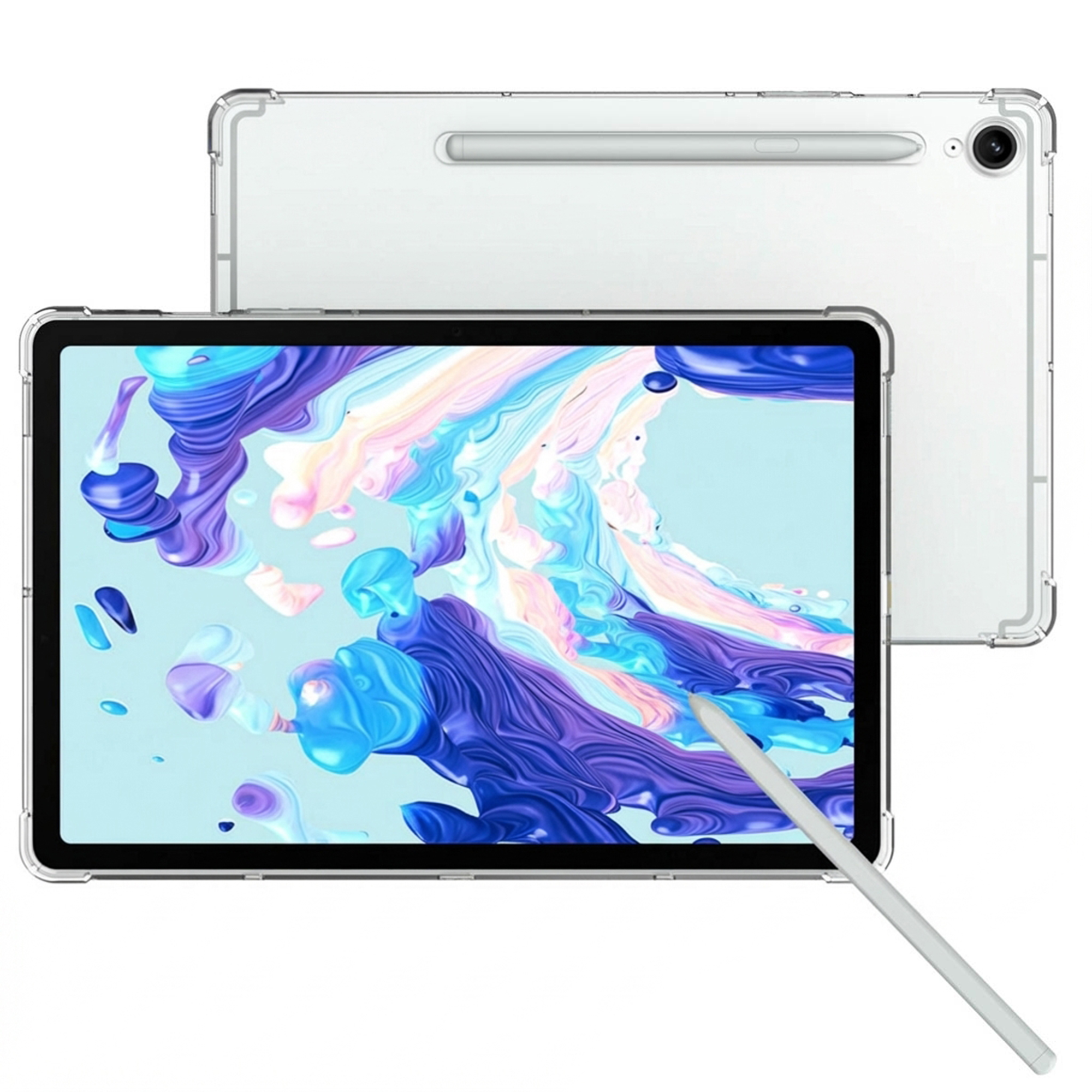 Une tablette blanche avec étui affiche de l'art abstrait bleu et violet. Un stylet repose dessus.