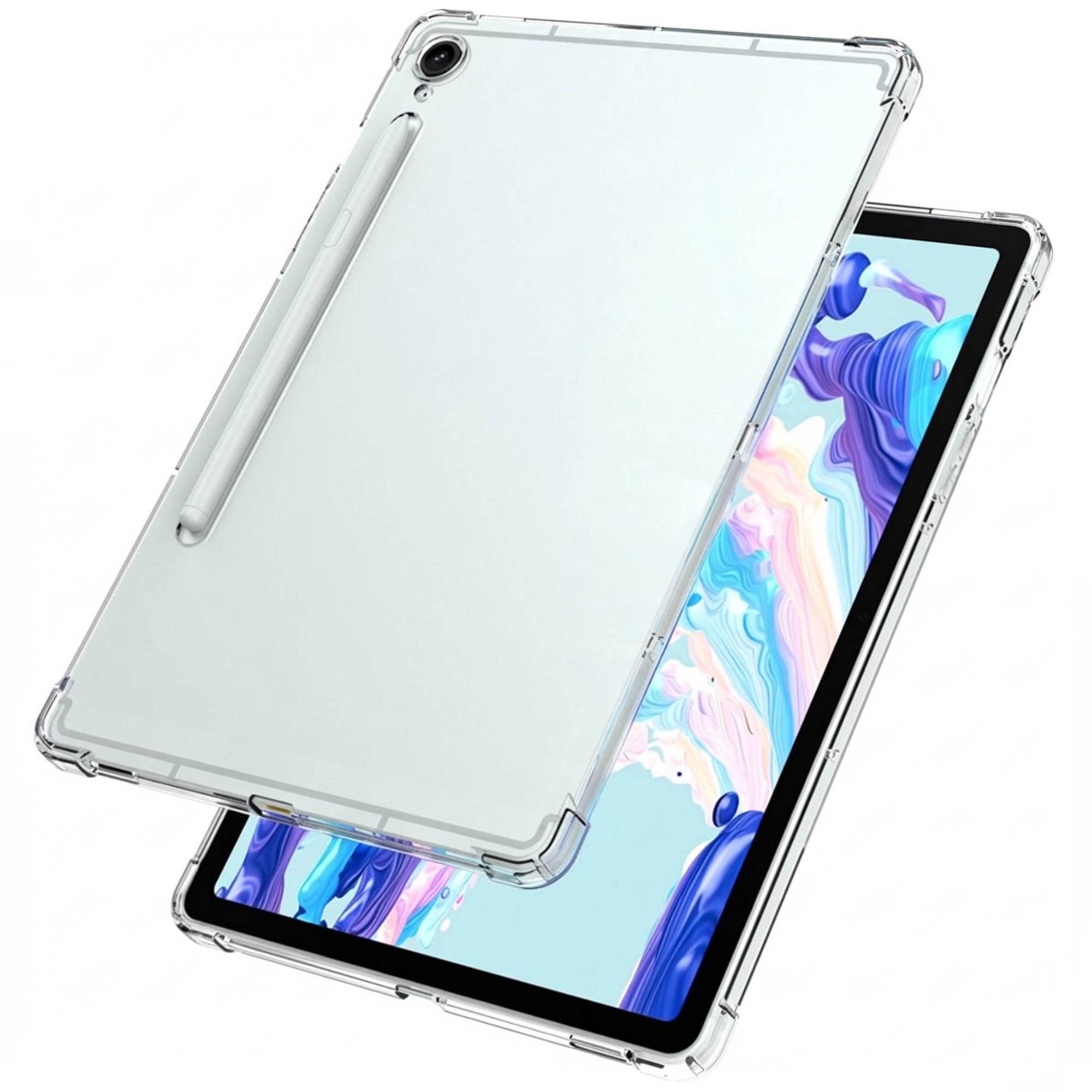 Une tablette transparente avec un stylet sur fond blanc.