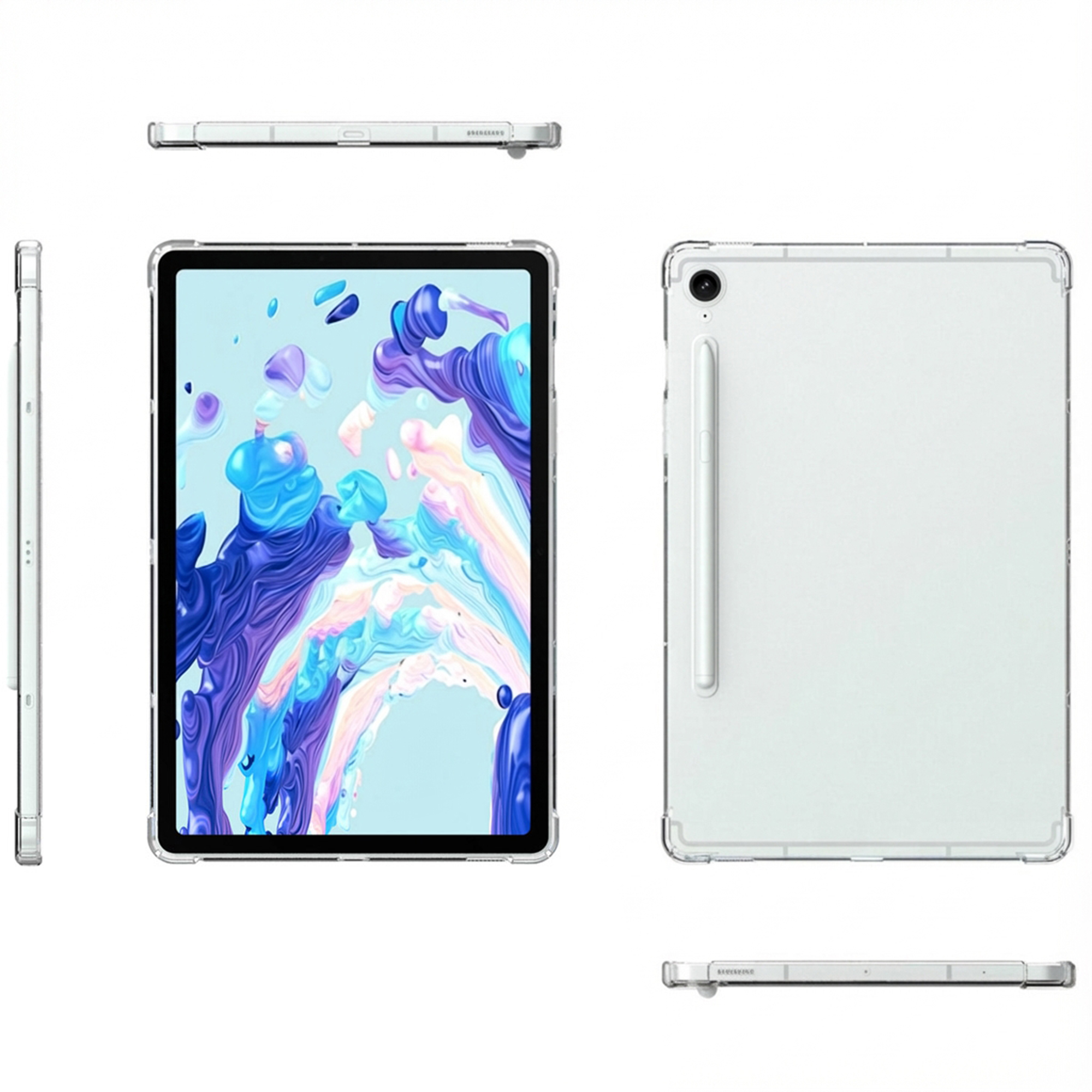 Une tablette blanche avec stylet est montrée sous plusieurs angles.