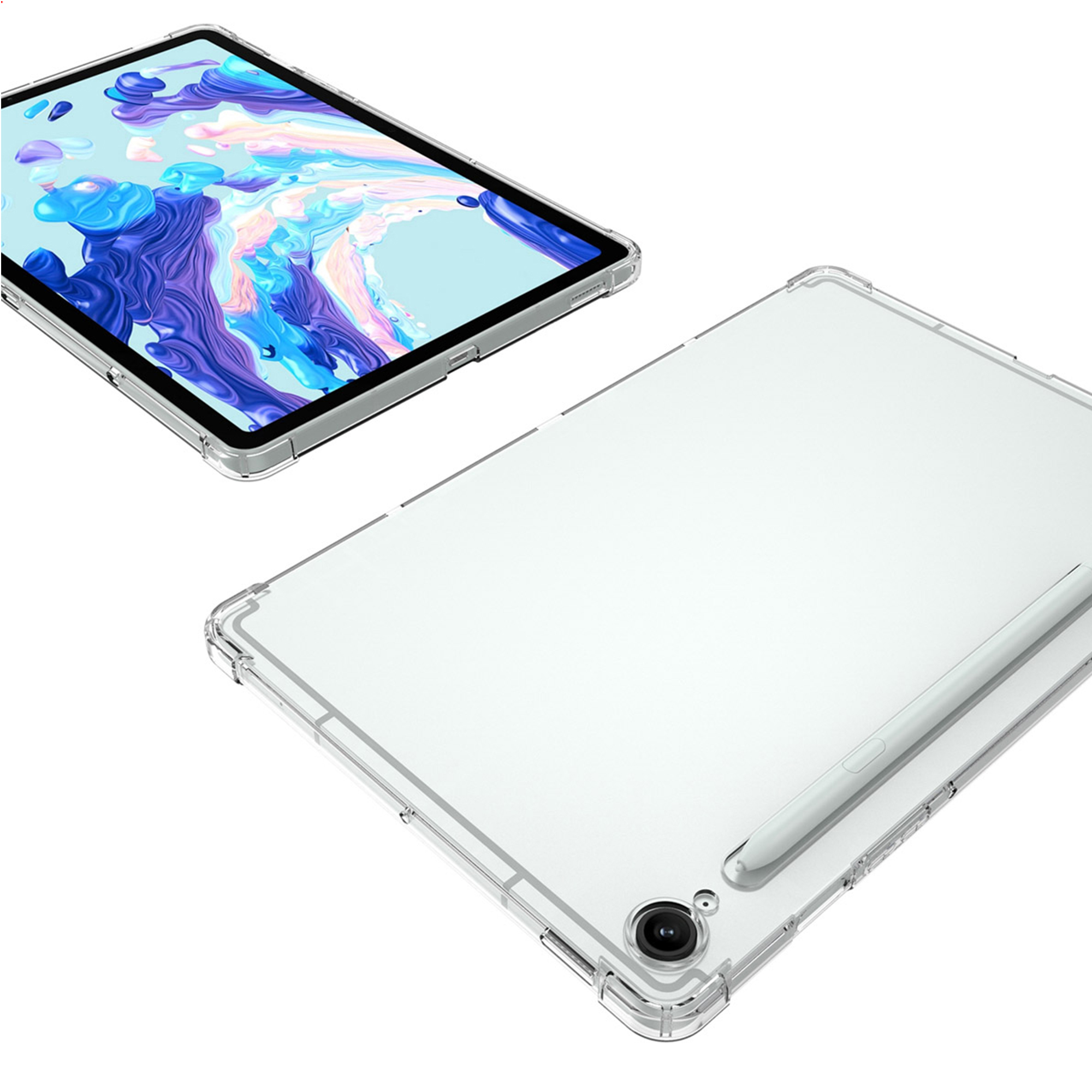 Une coque de tablette transparente avec un stylet au dos.