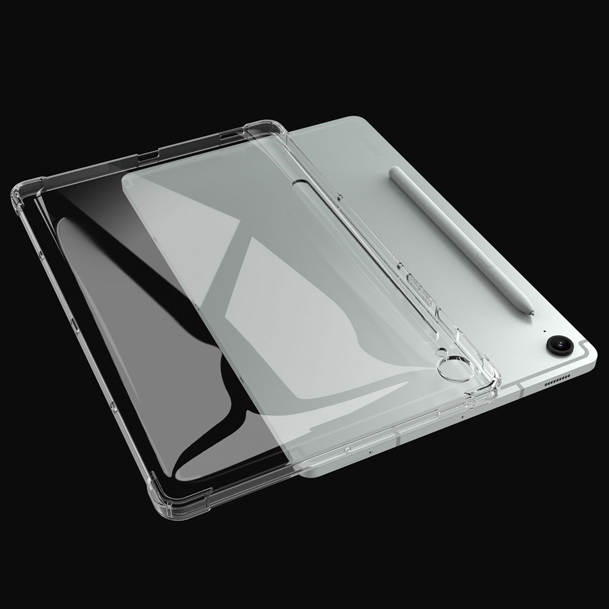 Une housse de tablette transparente recouvre partiellement une tablette argentée avec un stylet.