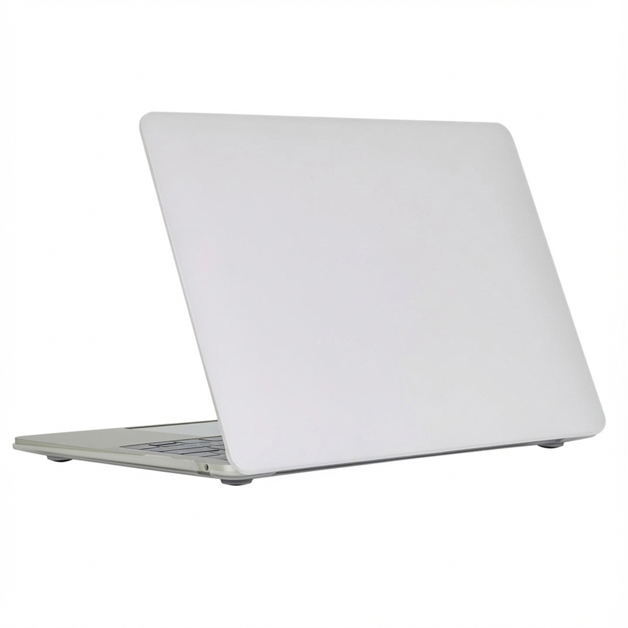 Ein weißer Laptop mit geöffnetem Deckel und Tastatur auf weißem Hintergrund.