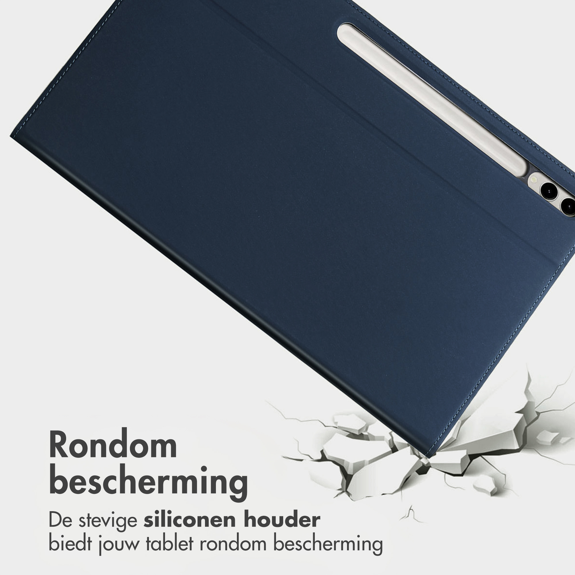 Étui bleu foncé avec support pour stylet et caméras sur fond clair.