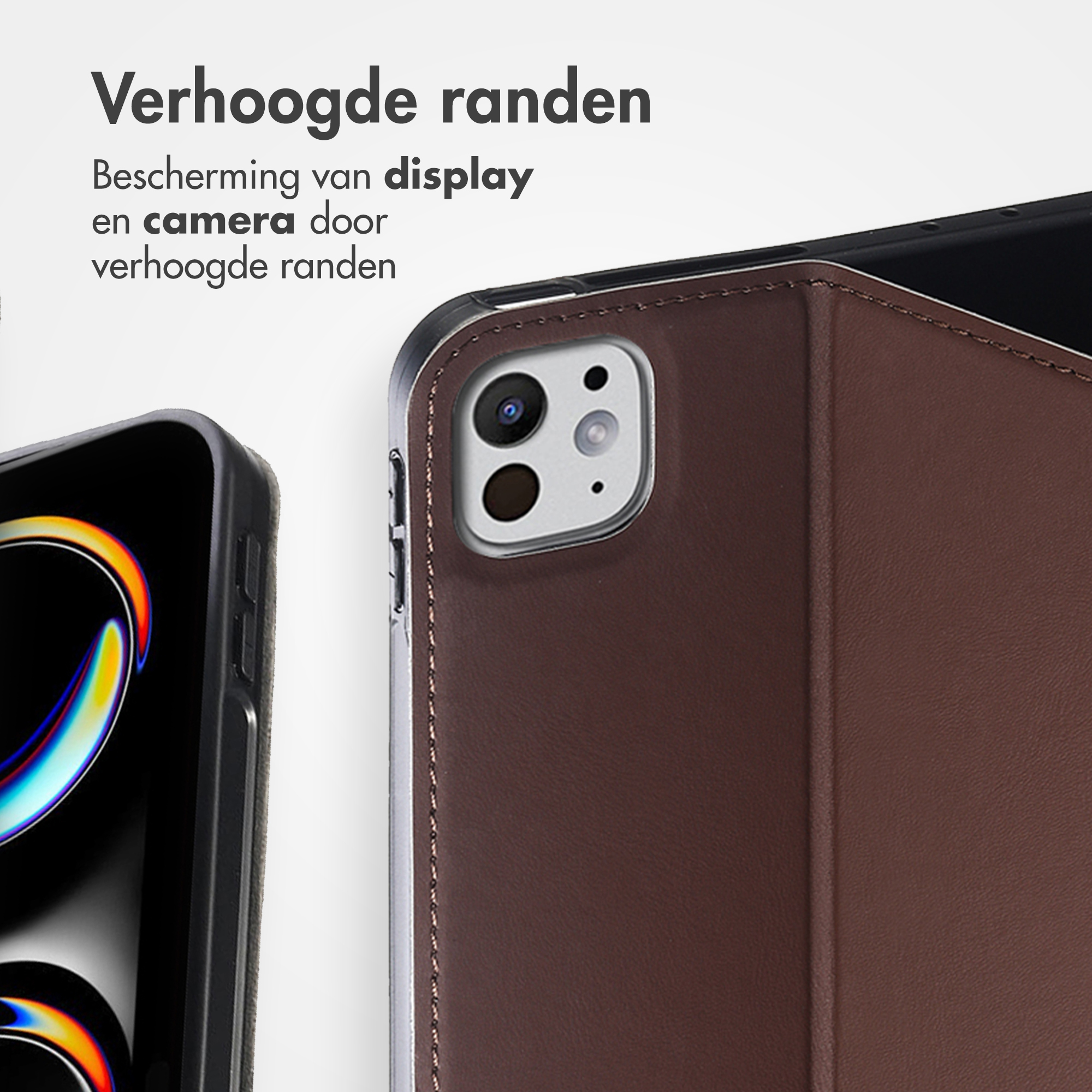 Close up of a brown leather tablet case with camera cutout and part of a smartphone.