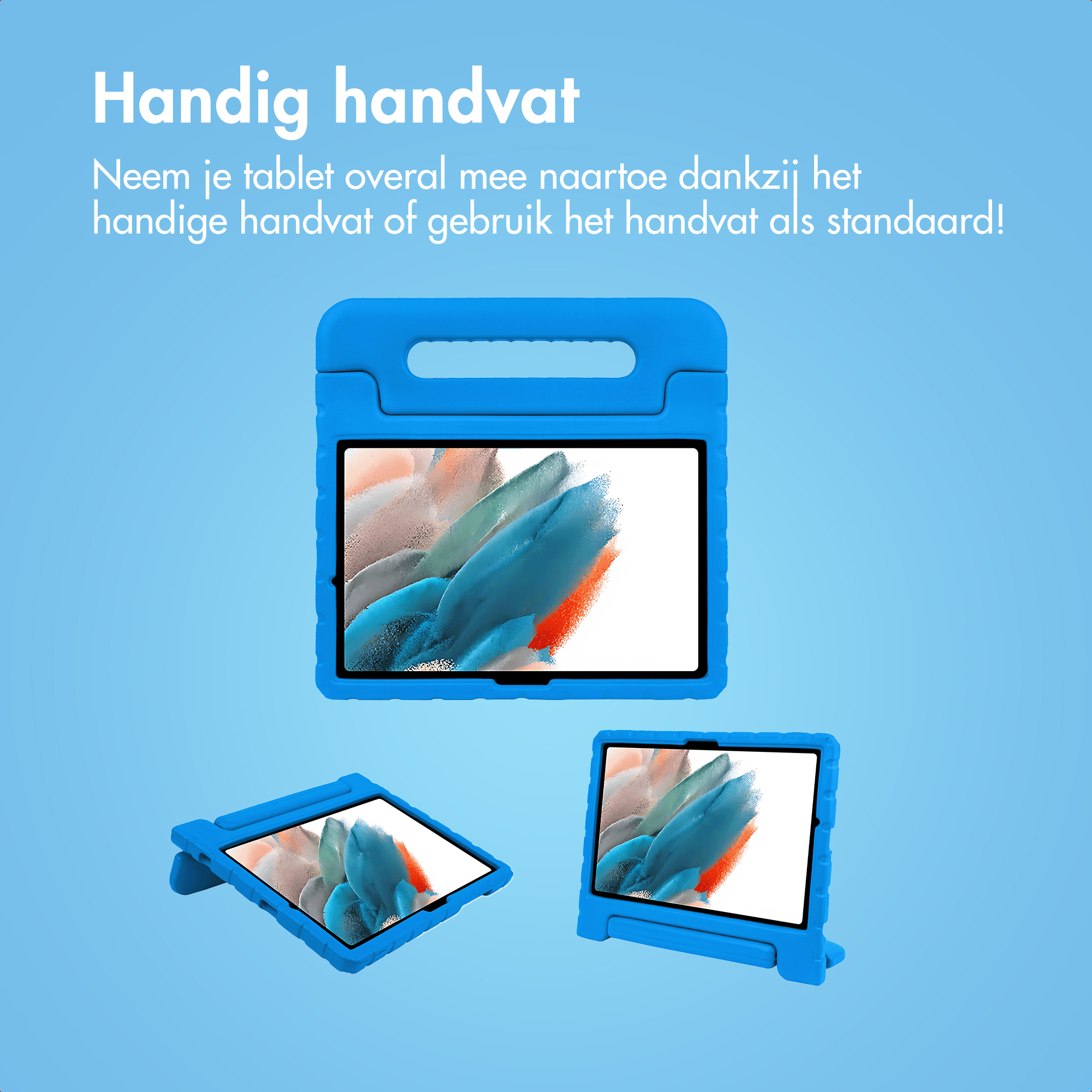 Blue tablet case with handle and stand, showing tablet with abstract art.