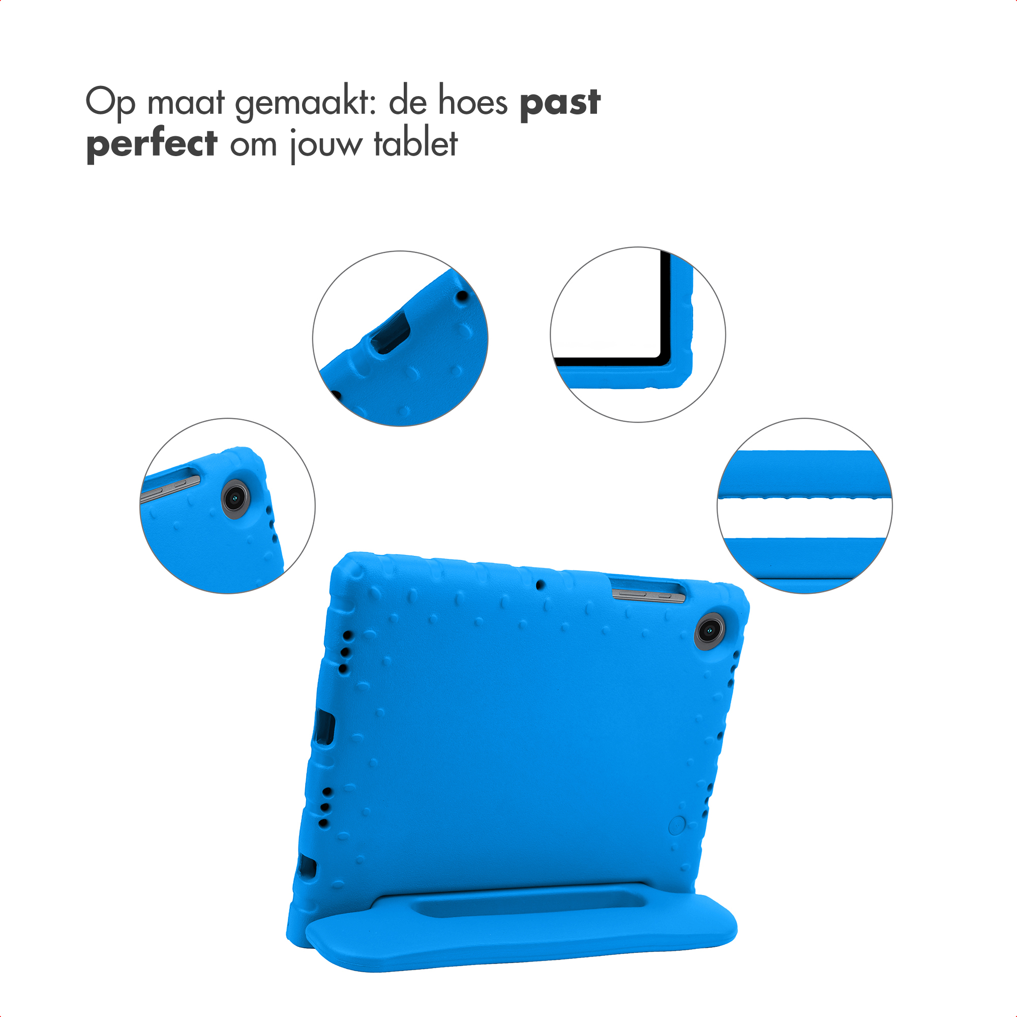 A blue tablet case with various cutouts and details.