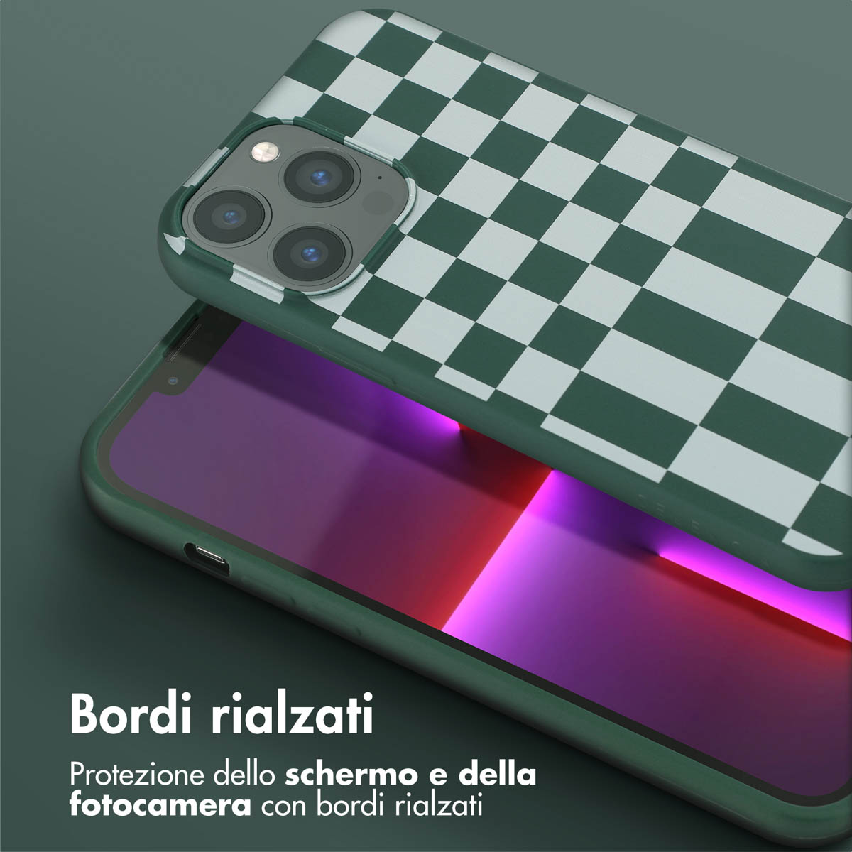 Coque de téléphone à damier vert et blanc sur un téléphone à écran violet.