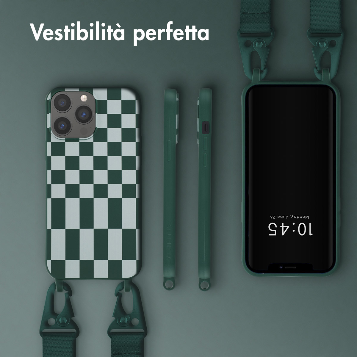Coque de téléphone verte à carreaux avec lanière, à côté d'un téléphone.