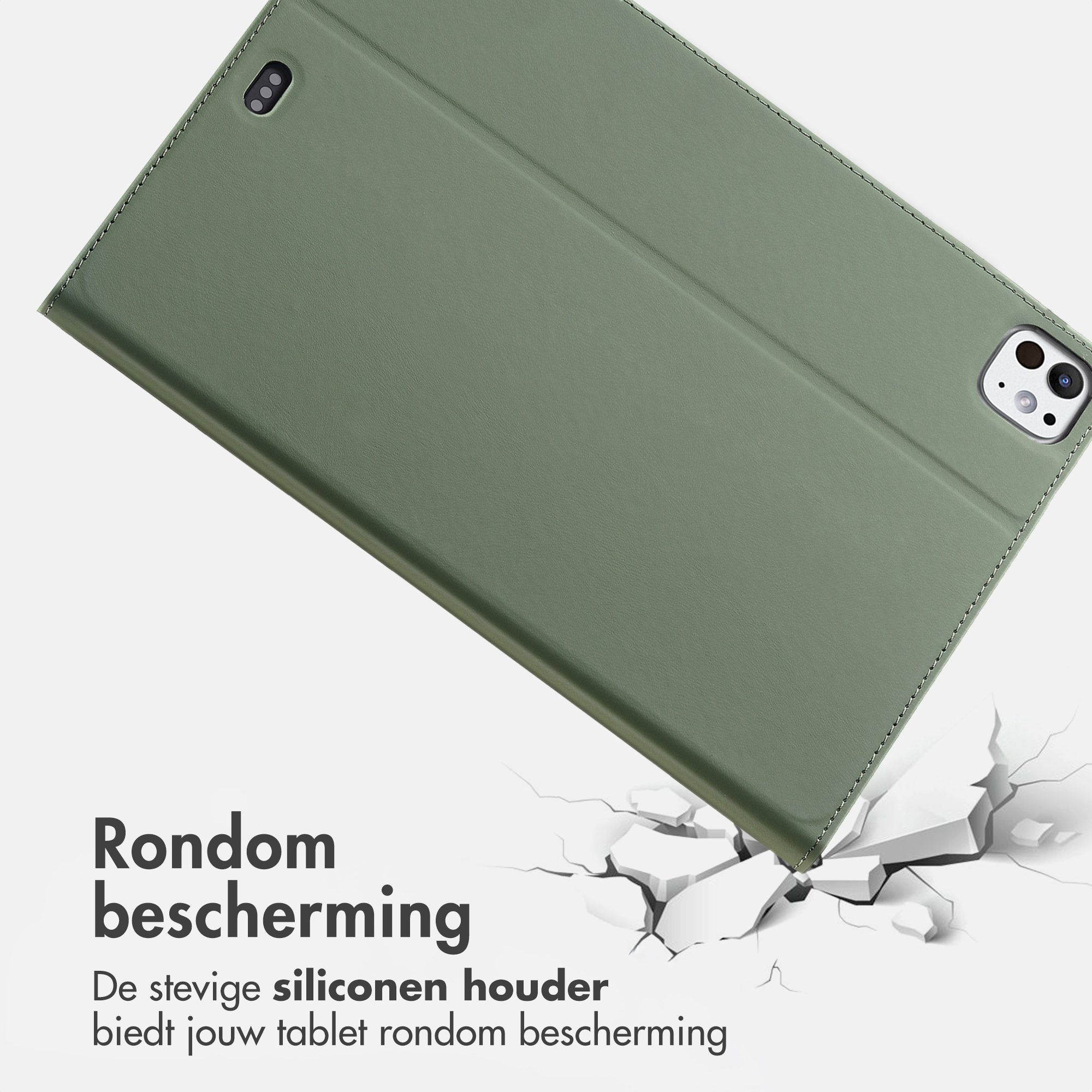Green tablet case resting on cracked ground. Shows cameras and text.
