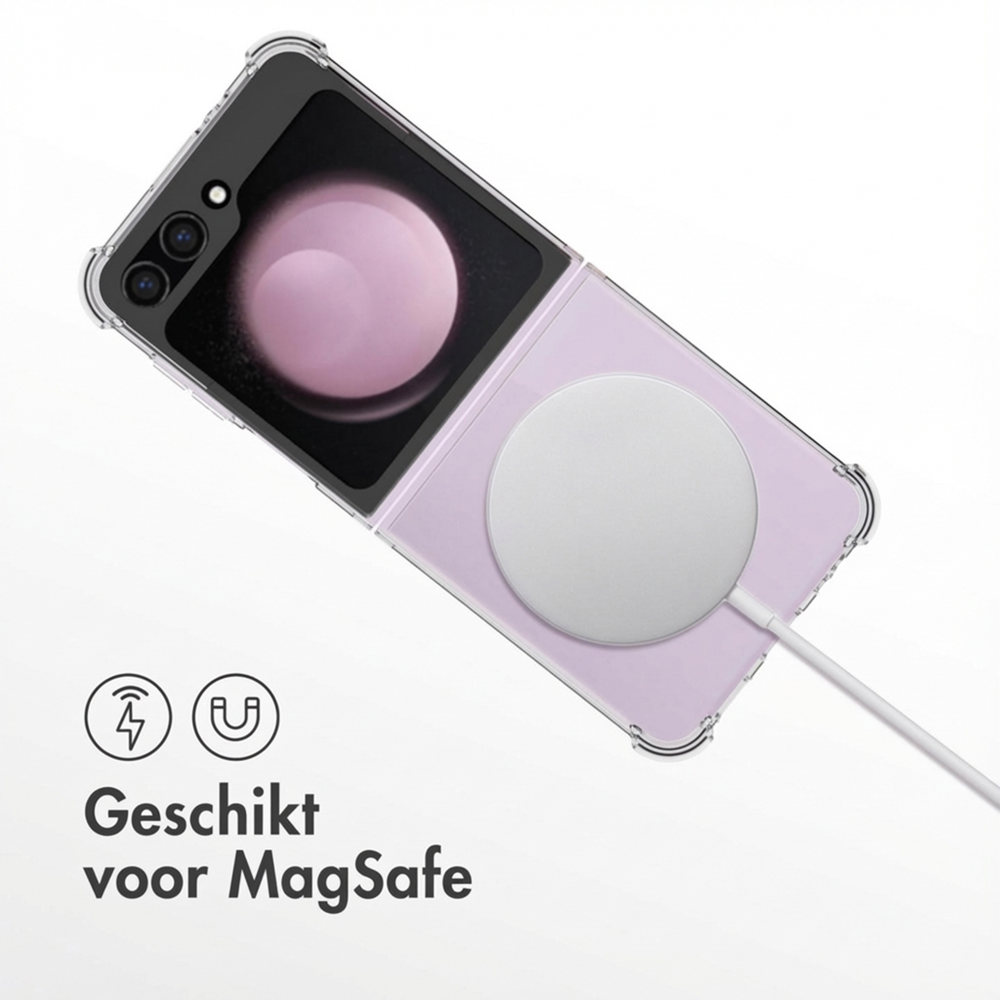 Purple flip phone with MagSafe charger and clear case.